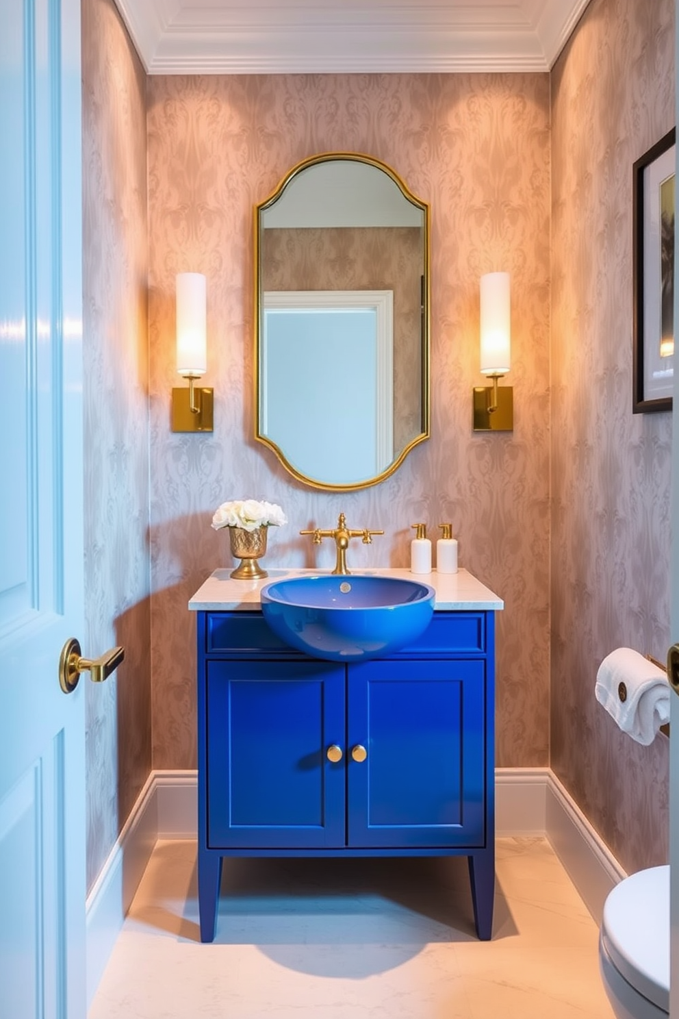 Textured blue wall panels create a stunning backdrop that adds depth and character to the space. The powder room features elegant fixtures and a stylish mirror that complement the rich tones of the blue walls.