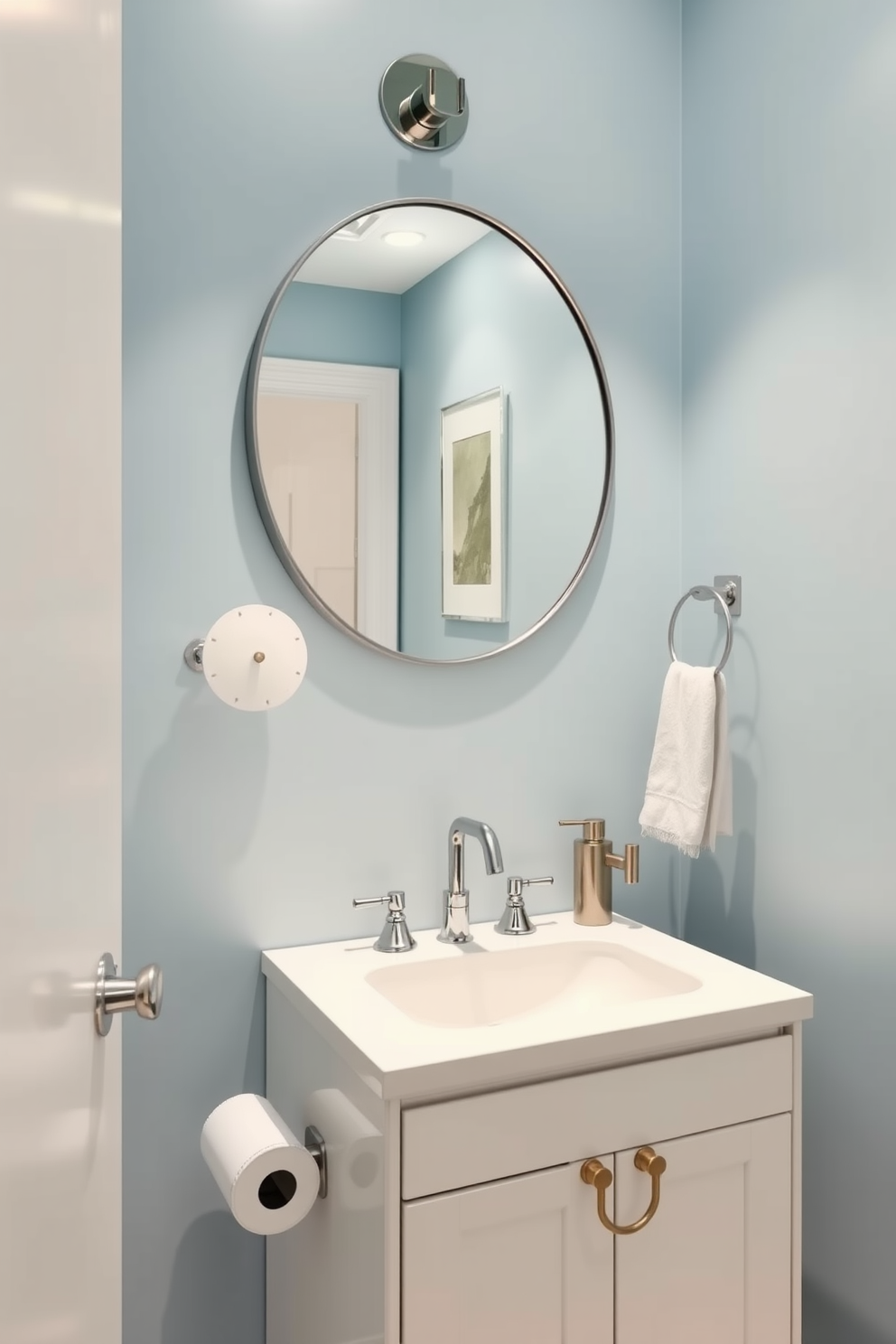 A pastel blue powder room featuring sleek modern fixtures. The walls are painted in a soft pastel blue, complemented by a contemporary white vanity with a polished chrome faucet. A round mirror with a minimalist frame hangs above the vanity, reflecting the serene color scheme. Stylish accessories in neutral tones and metallic accents add a touch of sophistication to the space.