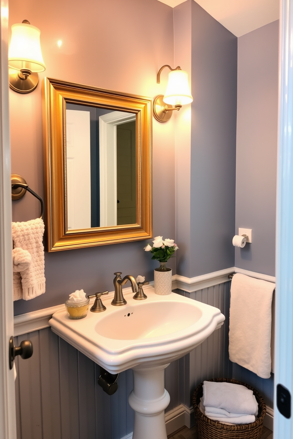 A trendy blue and black powder room features bold black walls that create a striking backdrop for vibrant blue accents. A sleek black vanity with a blue vessel sink sits against the wall, complemented by stylish gold fixtures and a large round mirror. The floor is adorned with geometric black and white tiles, adding a modern touch to the space. Decorative elements include a blue and white patterned rug and a stylish black towel holder, enhancing the overall aesthetic.