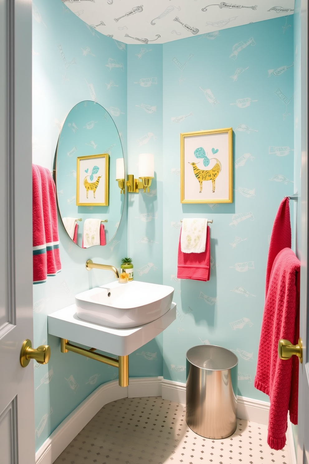 Light azure walls with playful designs create a cheerful atmosphere in this powder room. The space features whimsical wallpaper patterns that add a touch of fun and creativity. A sleek white sink is mounted on a floating vanity, complemented by gold fixtures for a touch of elegance. Decorative elements like colorful towels and unique artwork enhance the playful vibe of the room.