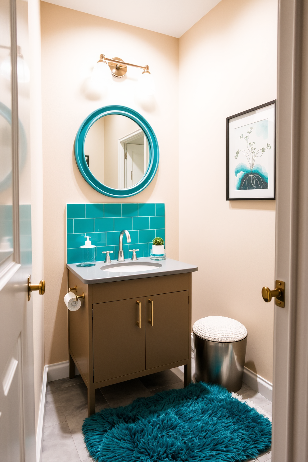 A vibrant blue powder room filled with playful ocean-themed decor. The walls are adorned with whimsical fish wallpaper, and a seashell-shaped sink sits atop a driftwood vanity. Colorful ocean-inspired accessories, such as coral-shaped soap dispensers and starfish wall art, add a fun touch. A round mirror with a rope frame reflects the light, enhancing the cheerful atmosphere of the space.