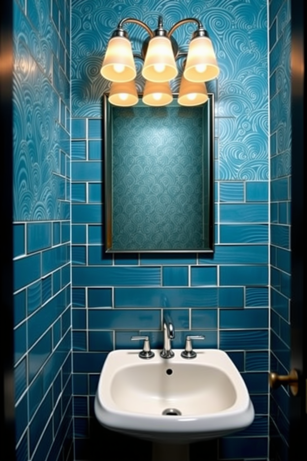 A chic powder room featuring slate blue tiles with textured finishes that add depth and character to the space. The walls are adorned with elegant wallpaper that complements the blue tones, creating a serene atmosphere. A stylish pedestal sink sits against the wall, topped with a sleek chrome faucet that enhances the modern aesthetic. Soft lighting fixtures above the sink provide a warm glow, illuminating the room and highlighting the unique tile design.