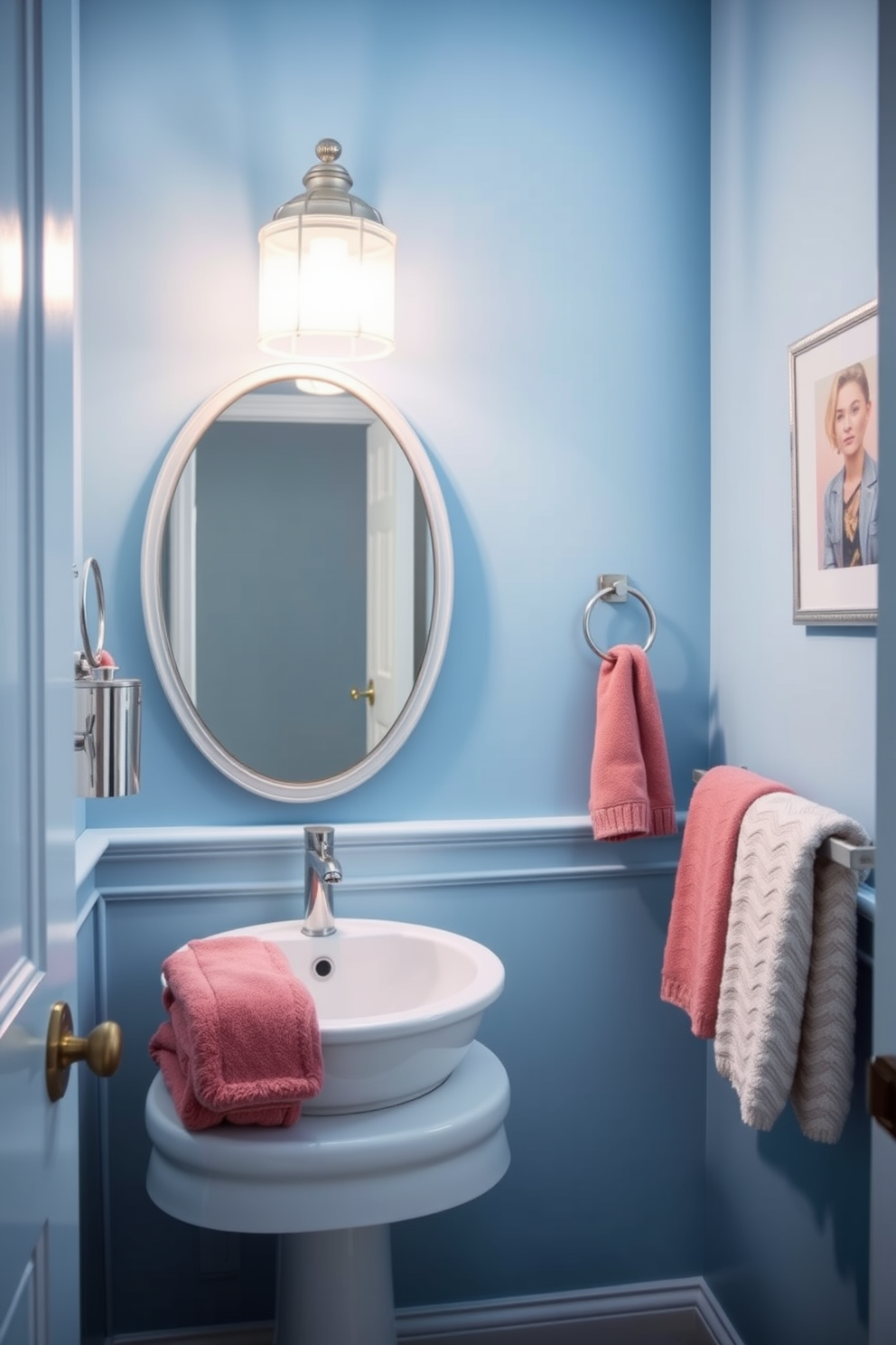 A vintage blue sink with intricate antique finishes is the focal point of this charming powder room. Soft lighting illuminates the space, highlighting the delicate details of the sink and creating an inviting atmosphere. The walls are adorned with floral wallpaper in soft pastels, complementing the blue sink beautifully. A rustic wooden shelf above the sink holds decorative items and fresh flowers, adding a touch of warmth to the design.