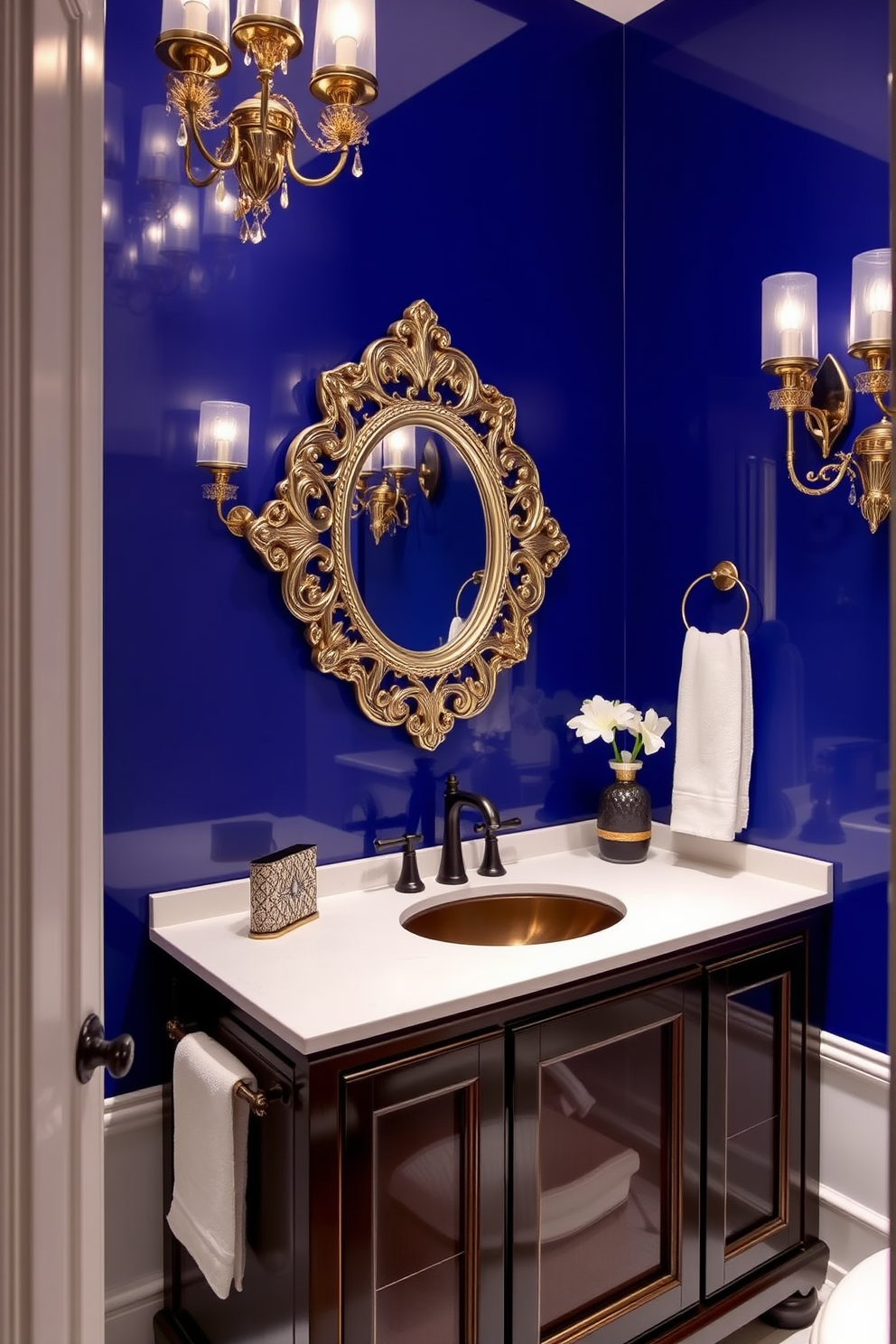 A luxurious powder room featuring royal blue accents throughout the space. Elegant fixtures adorn the walls, complementing the rich color palette and creating a sophisticated atmosphere. The vanity is crafted from dark wood with a sleek white countertop, showcasing a stylish sink. Above the vanity, a stunning mirror with intricate detailing reflects the beauty of the room.