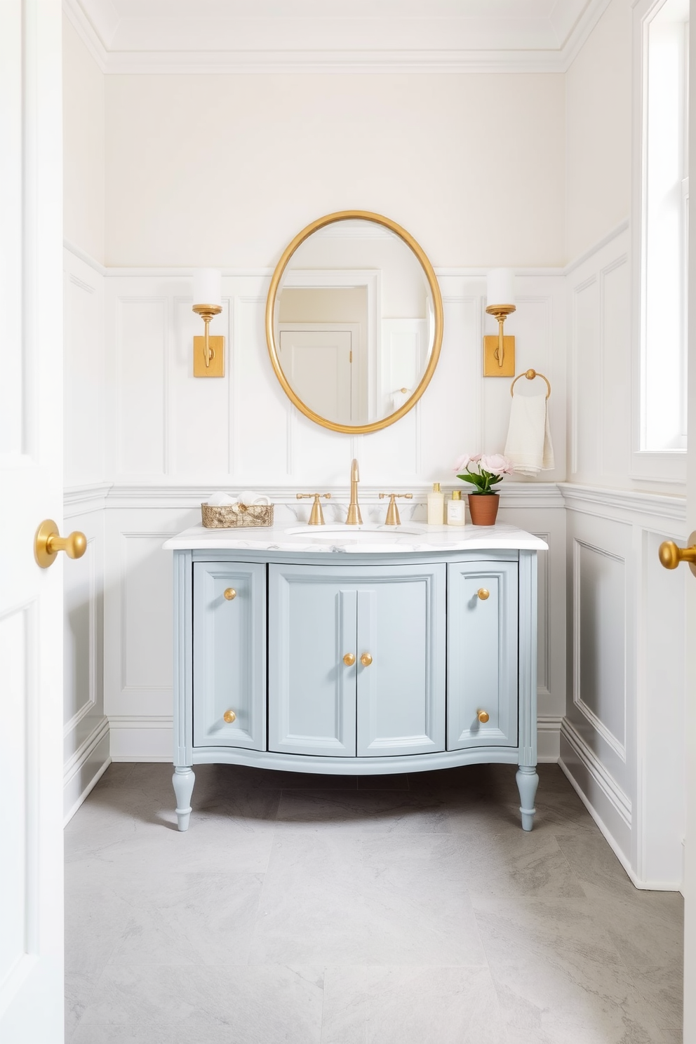 A serene powder room featuring soft pastel blue tiles that create a calming atmosphere. The space is accented with elegant fixtures and a minimalist wooden vanity that complements the tranquil color scheme.