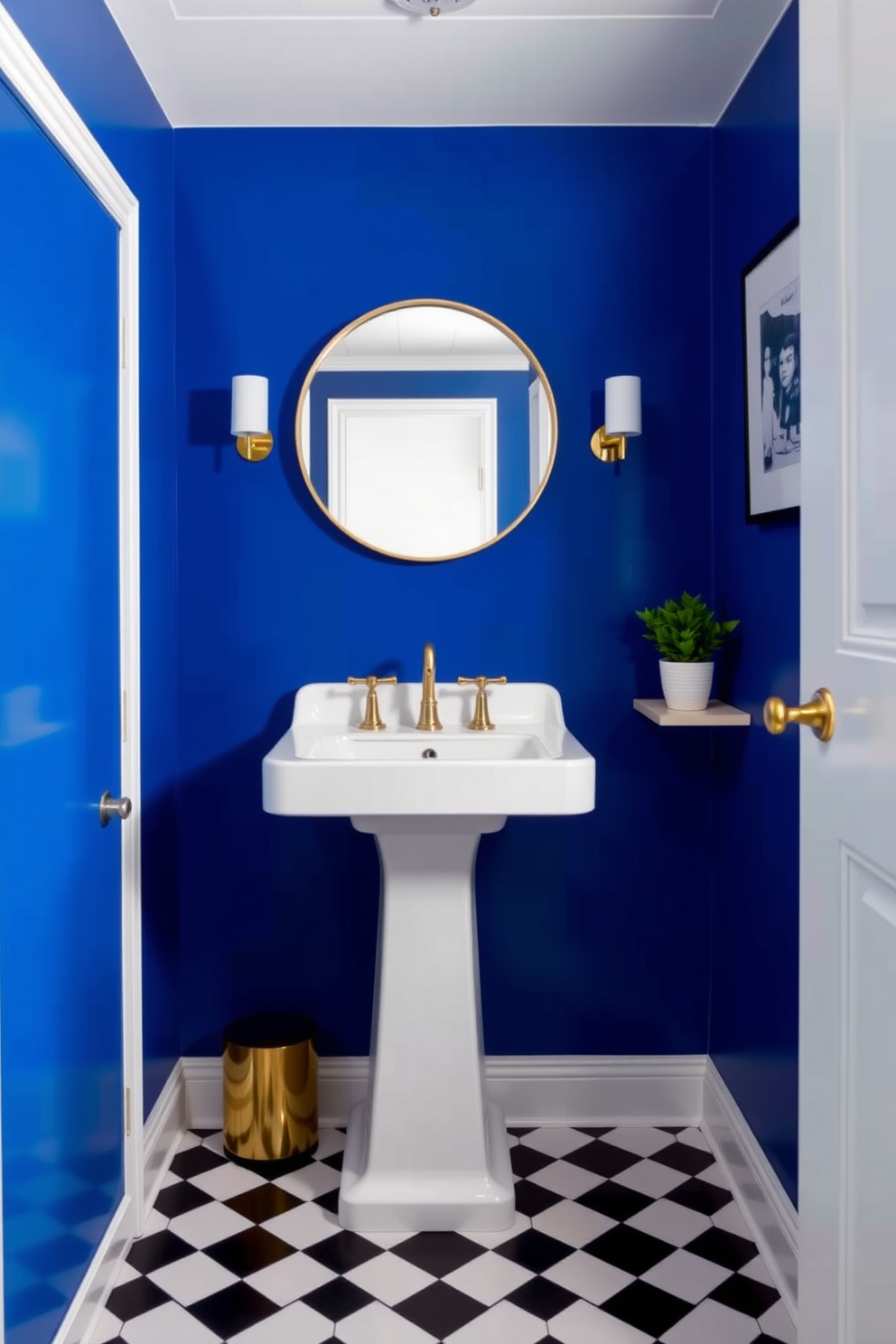 A striking powder room with a bold cobalt blue accent wall that creates a vibrant focal point. The space features a sleek white pedestal sink complemented by gold fixtures and a stylish round mirror above. The floor is adorned with classic black and white checkered tiles, adding a touch of elegance to the design. A small potted plant sits on a floating shelf, bringing a hint of greenery to the striking blue backdrop.