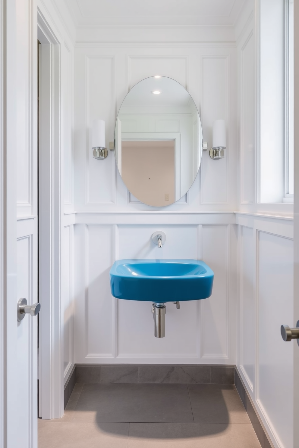 A sophisticated navy and white striped powder room with elegant wallpaper featuring bold stripes. The space includes a sleek white pedestal sink and a round mirror framed in polished brass, reflecting the chic design. The floor is adorned with classic black and white checkered tiles, adding a touch of timeless elegance. A stylish navy and white striped shower curtain complements the overall theme, while a small potted plant brings a hint of freshness to the room.