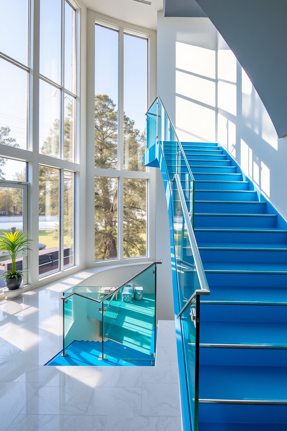 A stunning staircase design featuring a sleek blue staircase with ocean blue glass railing accents. The staircase is illuminated by natural light streaming in from large windows, creating a bright and inviting atmosphere.