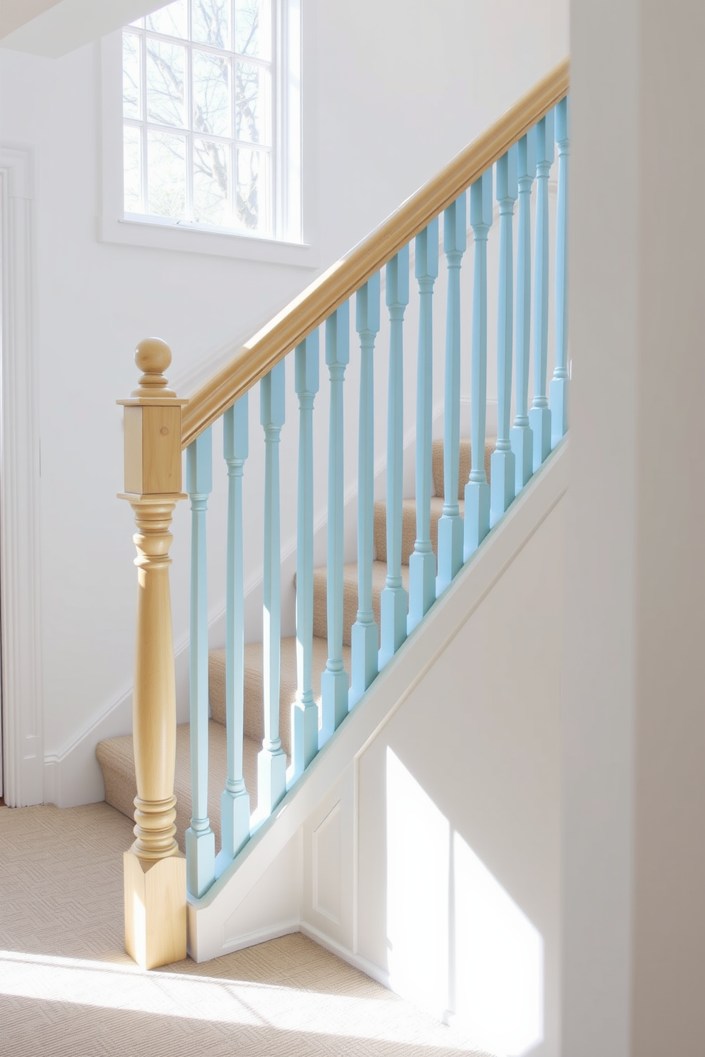 A serene staircase featuring pastel blue balusters that add a soft touch to the overall design. The staircase is complemented by a light wooden handrail and a neutral carpet runner that enhances the calming atmosphere. The walls adjacent to the staircase are painted in a crisp white, creating a bright and airy feel. Natural light floods the space through a nearby window, highlighting the pastel blue accents beautifully.