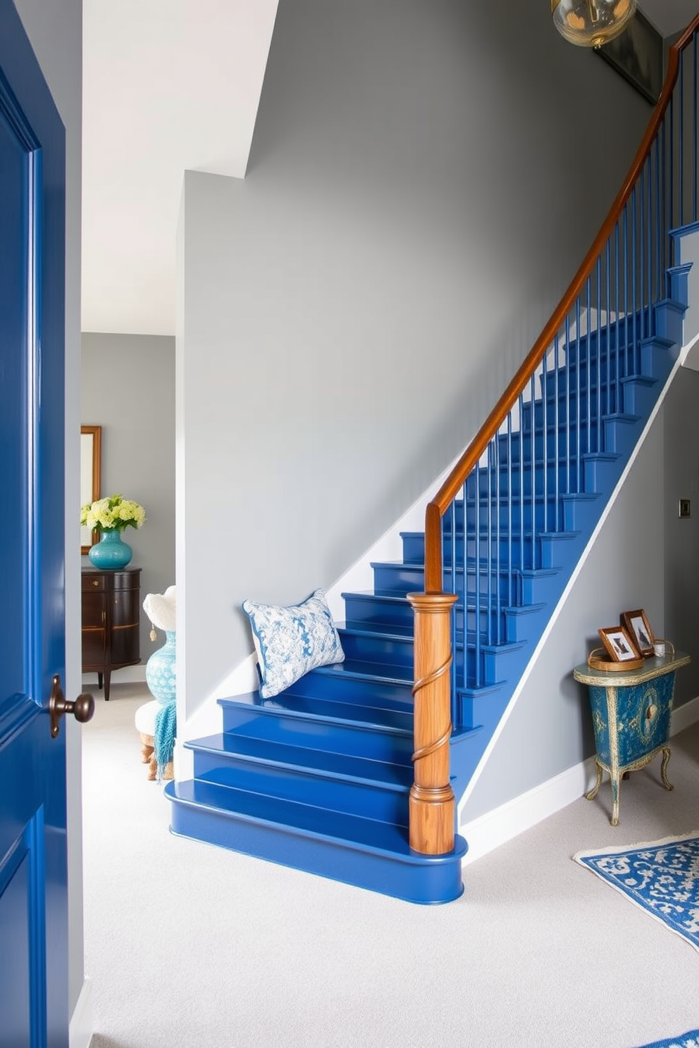 A striking staircase design featuring steel blue metal railings that enhance the industrial aesthetic of the space. The bold color of the railings beautifully contrasts with warm wooden steps, creating a modern yet inviting atmosphere.