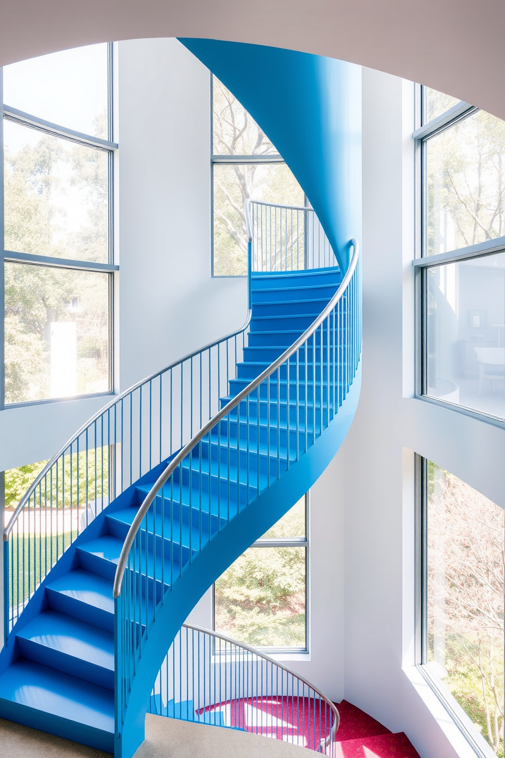 A vibrant cerulean staircase spirals elegantly, featuring a sleek handrail that complements the vivid hue. Surrounding the staircase, large windows allow natural light to flood the space, highlighting the artistic elements of the design.