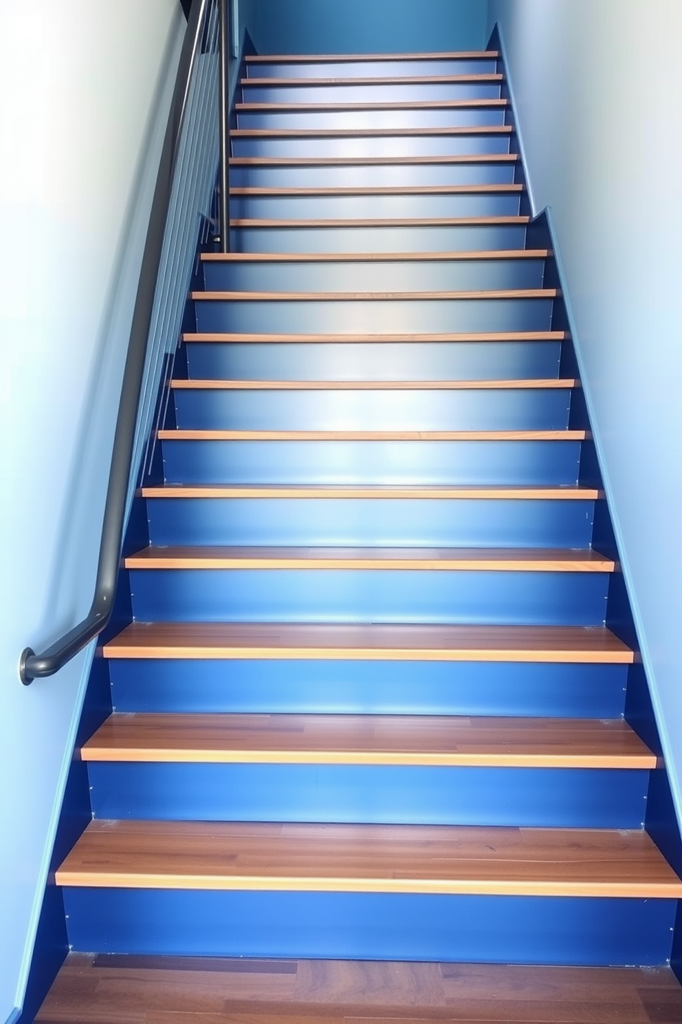 A stunning staircase with a subtle blue ombre effect, transitioning from a deep navy at the base to a soft sky blue at the top. The staircase features sleek wooden treads and a modern metal railing that complements the elegant color gradient.