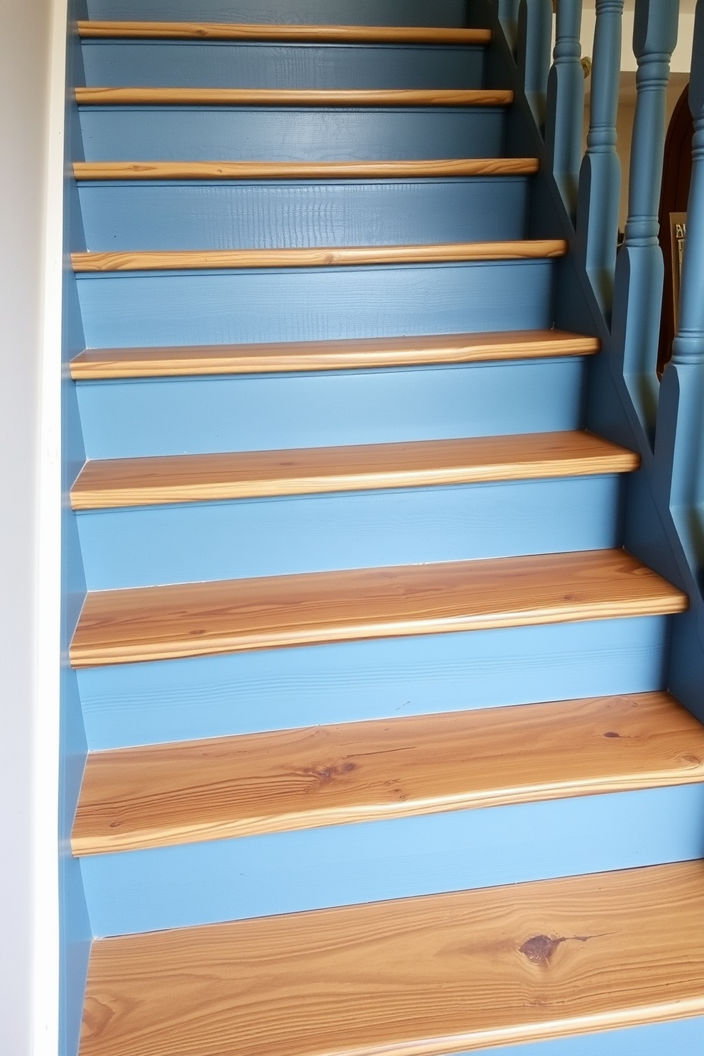 A striking blue staircase with integrated storage solutions seamlessly combines functionality and style. The staircase features built-in shelves on one side, perfect for displaying books and decorative items. The rich blue hue adds a bold pop of color to the space, creating a stunning focal point in the room. The storage compartments are designed to blend harmoniously with the staircase, maintaining a clean and cohesive look.