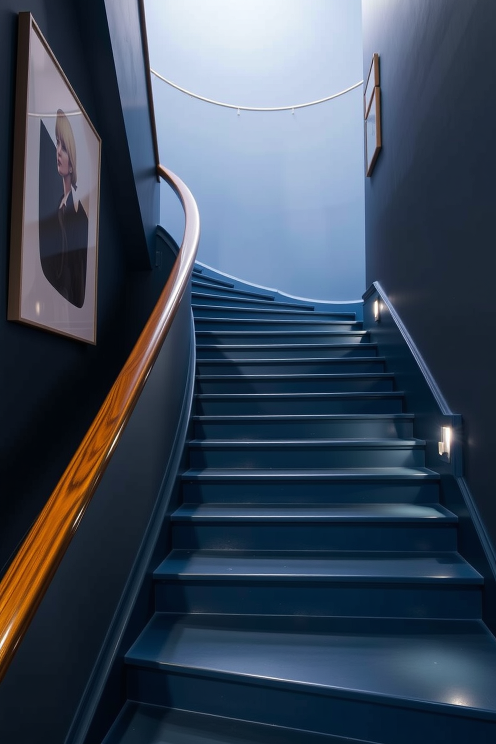 A sophisticated staircase features slate blue painted steps that elegantly curve upwards. The walls are adorned with minimalist artwork, enhancing the modern aesthetic of the space. The handrail is crafted from polished wood, providing a warm contrast to the cool blue tones. Soft lighting fixtures are strategically placed along the staircase, creating a welcoming glow in the evening.