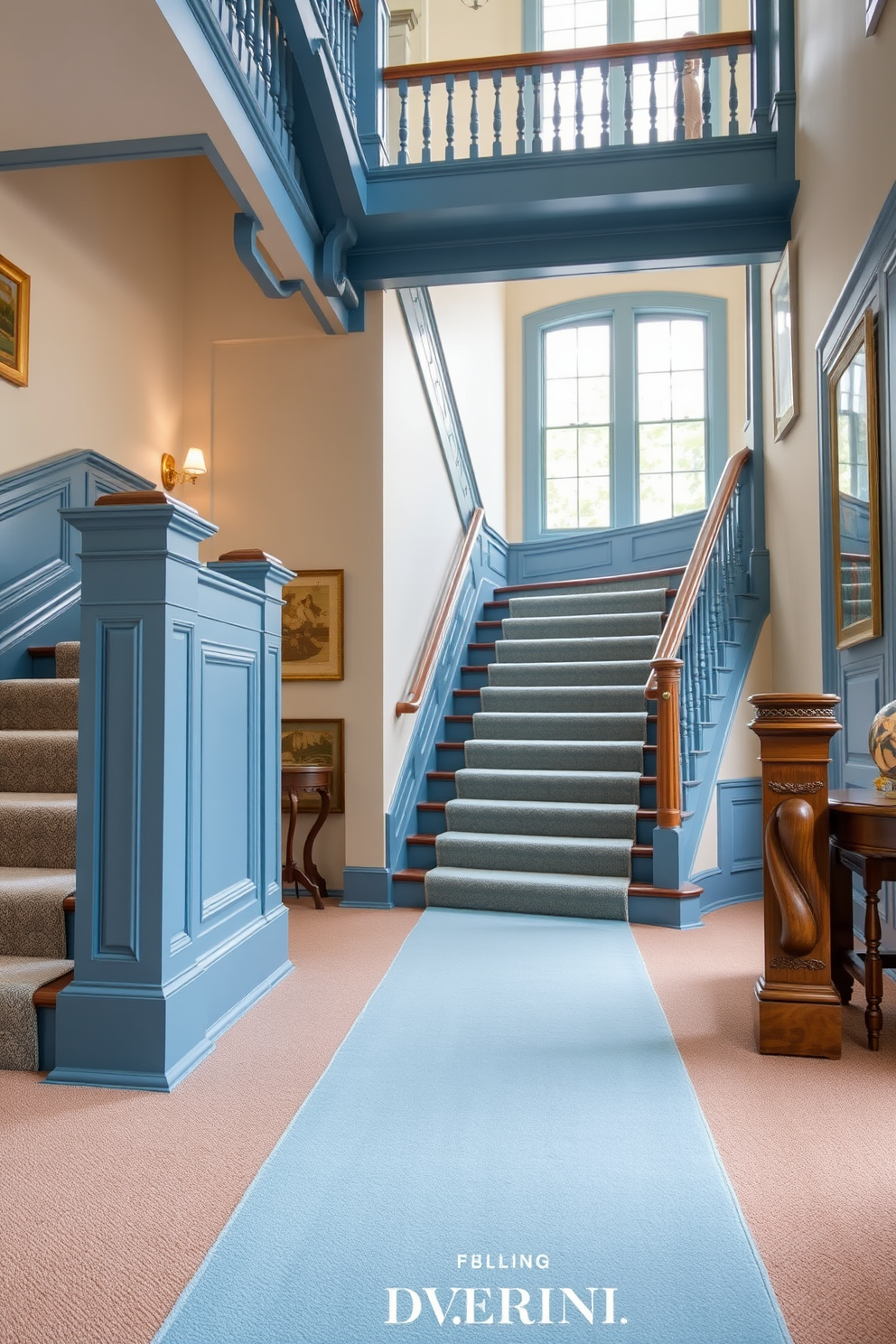 A sky blue carpet runner gracefully adorns the wooden staircase, creating a vibrant contrast against the rich tones of the wood. The runner is plush and inviting, leading the eye upward to the elegantly designed blue staircase that enhances the overall aesthetic of the space.