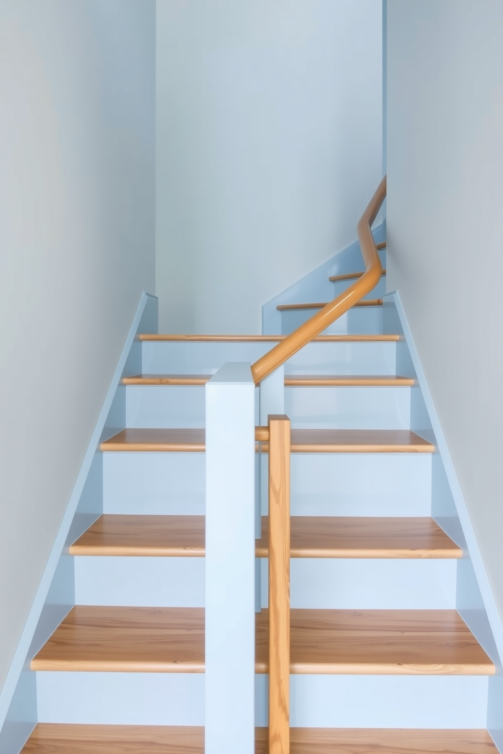 A serene staircase design featuring soft blue painted steps that create a calming atmosphere. The wooden handrail adds warmth and elegance, complementing the overall aesthetic of the space.