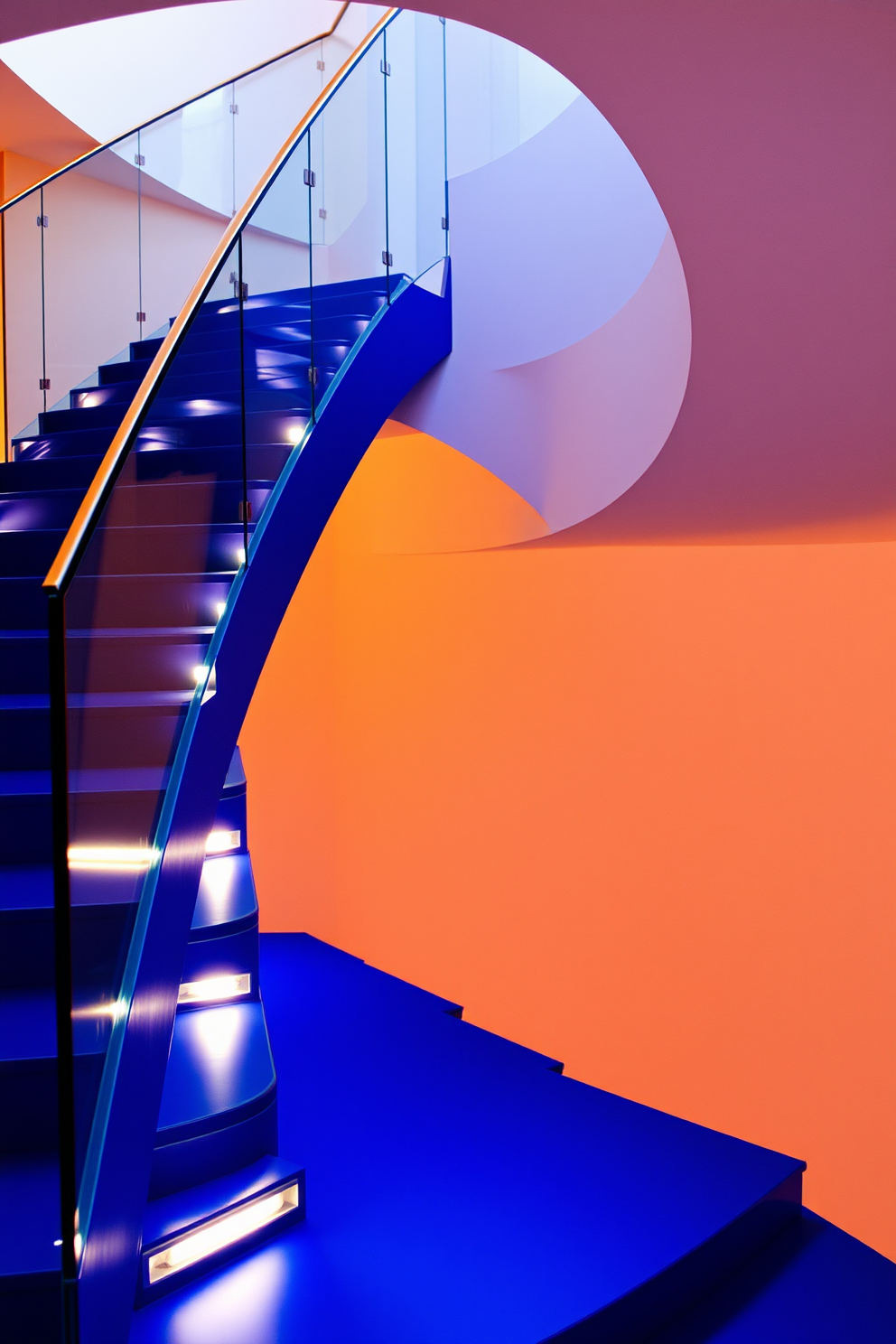 A glamorous indigo staircase spirals elegantly upwards, featuring sleek glass railings that enhance its modern appeal. Soft lighting embedded within the steps casts a warm glow, creating an inviting ambiance that highlights the rich color of the staircase.