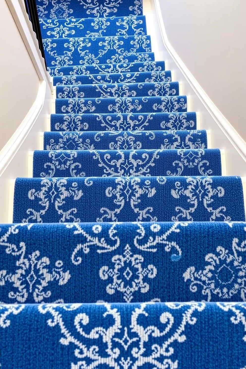 A stunning staircase features blue mosaic tiles adorning the risers, creating a vibrant visual contrast against the wooden steps. The surrounding walls are painted in a soft white, allowing the blue tiles to stand out and enhance the overall elegance of the space. This design idea incorporates a graceful blue staircase that serves as a focal point in the entryway. The combination of the mosaic tiles and the sleek handrail adds a touch of sophistication and charm to the home.