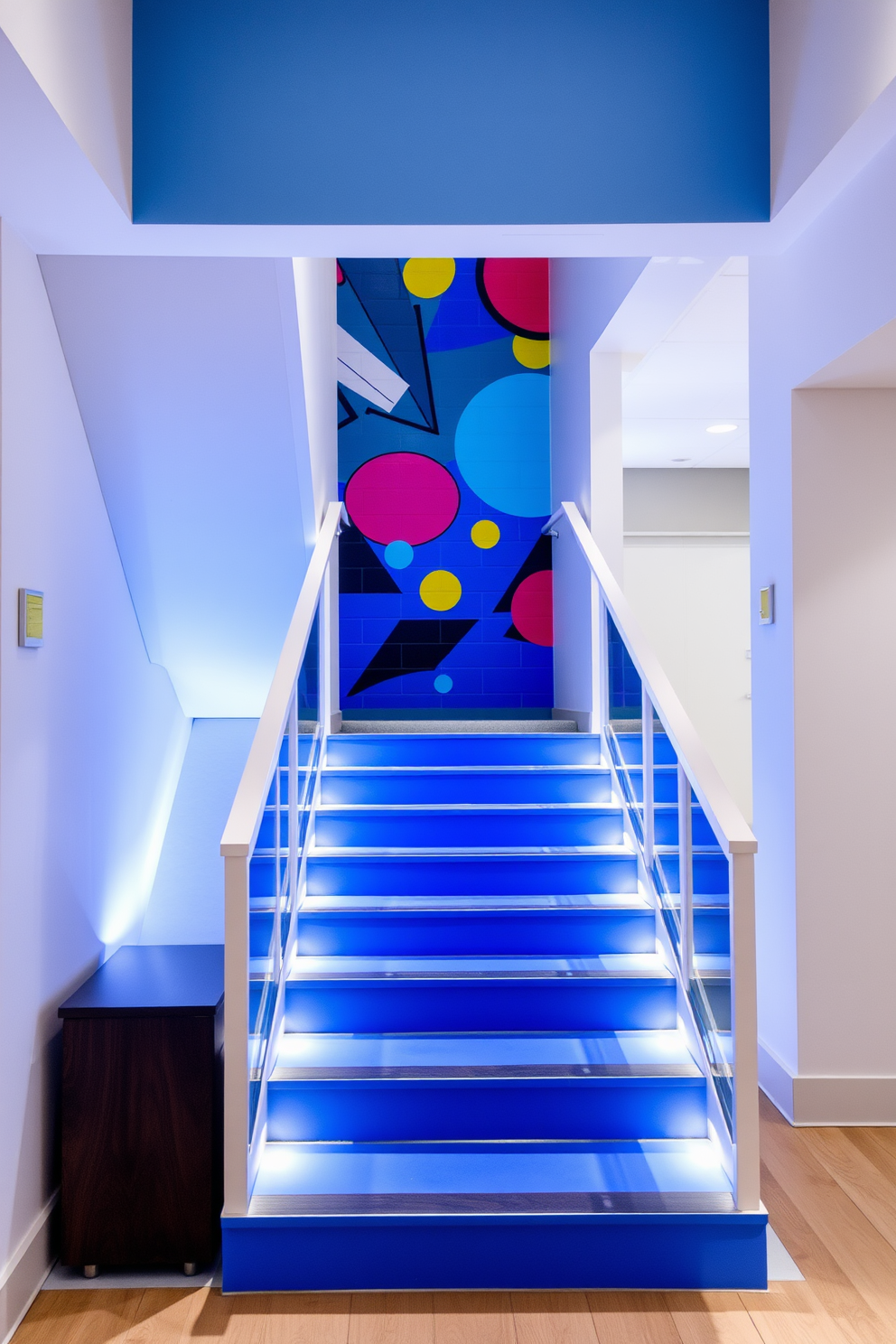 Artistic mural on a blue staircase. The mural features abstract shapes and vibrant colors that complement the blue tones of the stairs. The staircase is framed by sleek white railings that enhance the modern aesthetic. Soft lighting illuminates the mural, creating a captivating focal point in the entryway.