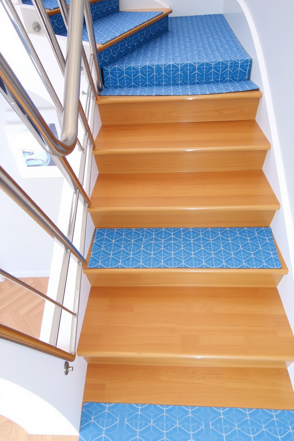 A striking dark blue staircase ascends gracefully, featuring contrasting white handrails that add a touch of elegance. The walls surrounding the staircase are adorned with minimalist artwork, enhancing the modern aesthetic of the space.