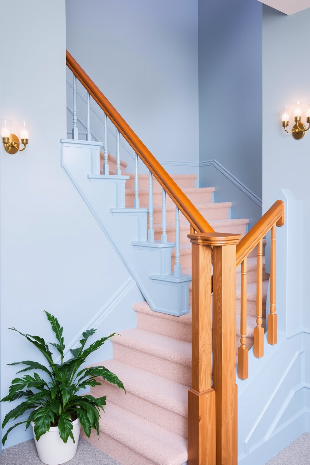 A stunning powder blue staircase gracefully ascends, adorned with sleek metal railings that complement the contemporary aesthetic. Modern artwork in vibrant colors is strategically placed along the walls, creating a striking visual contrast against the soft blue hue of the stairs.