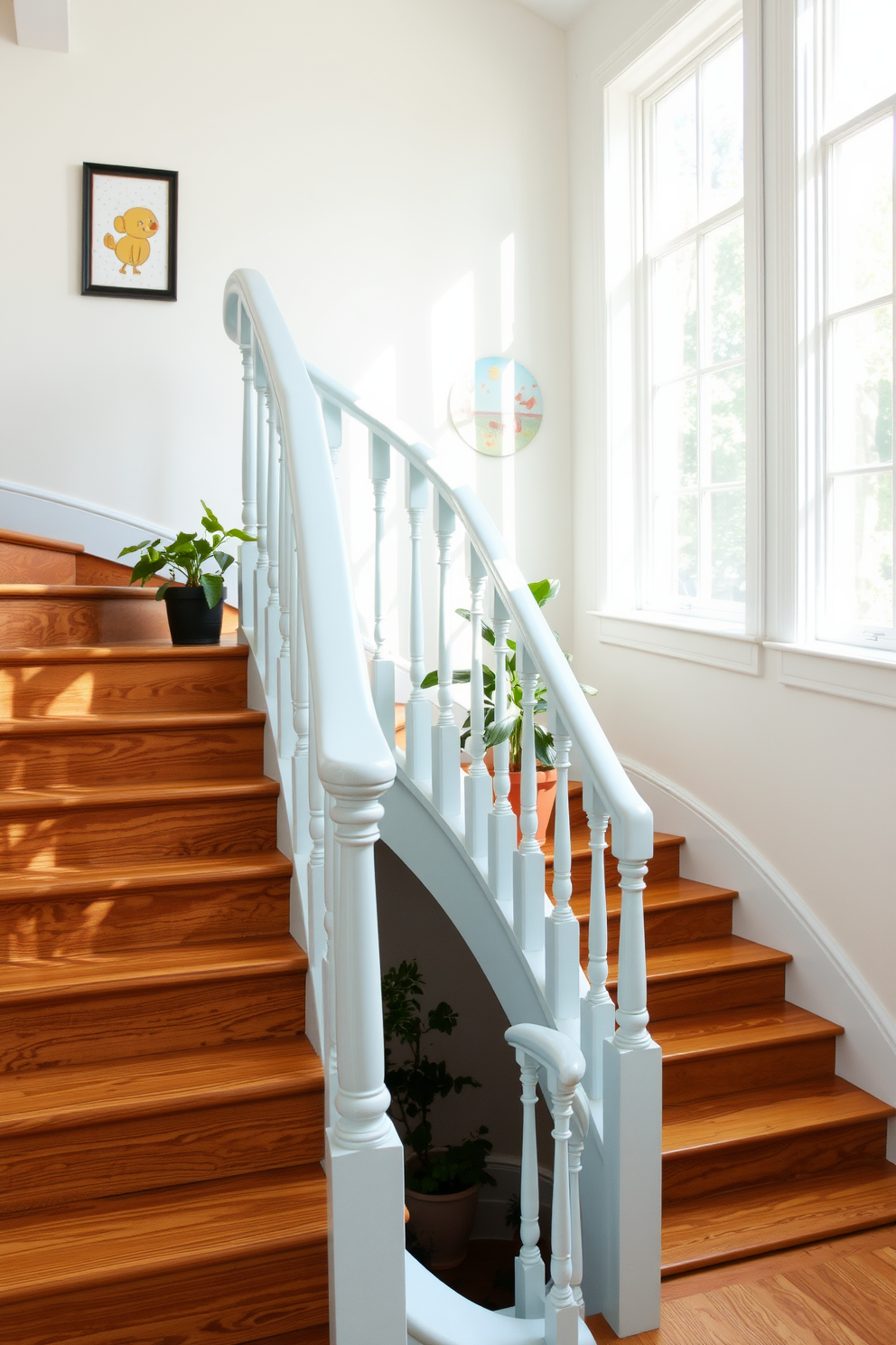 A whimsical light blue painted handrail gracefully curves along a staircase that features a combination of open risers and wooden treads. The walls alongside the staircase are adorned with playful artwork, and soft natural light filters in through a nearby window, creating a cheerful ambiance. The staircase design incorporates a blend of modern and traditional elements, with intricate balusters that add a touch of elegance. Potted plants are placed strategically on each landing, enhancing the inviting atmosphere of the space.