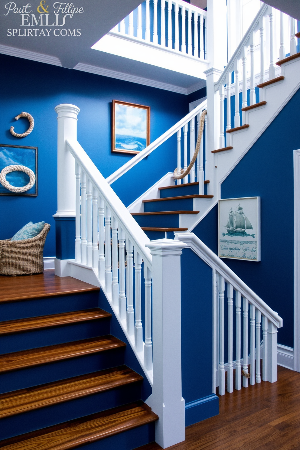 Bright blue staircase with whimsical patterns. The steps feature intricate designs in contrasting colors, creating a playful and inviting atmosphere. The handrail is crafted from polished wood, complementing the vibrant blue. Surrounding the staircase, the walls are adorned with framed artwork that echoes the staircase's whimsical theme.