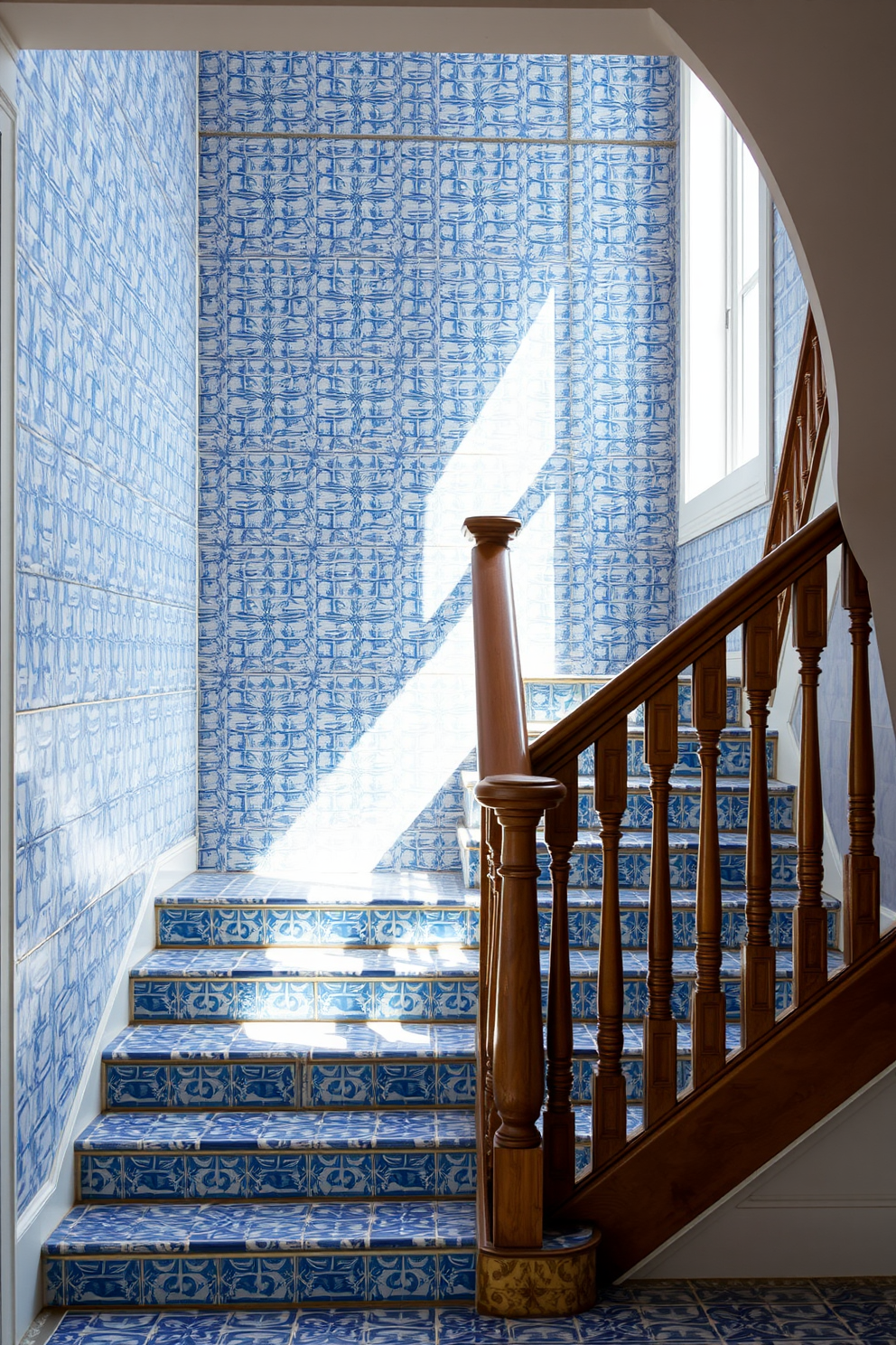 A light blue staircase ascends gracefully towards an open loft space. The soft hue of the stairs complements the airy atmosphere of the loft, creating a serene and inviting entryway.