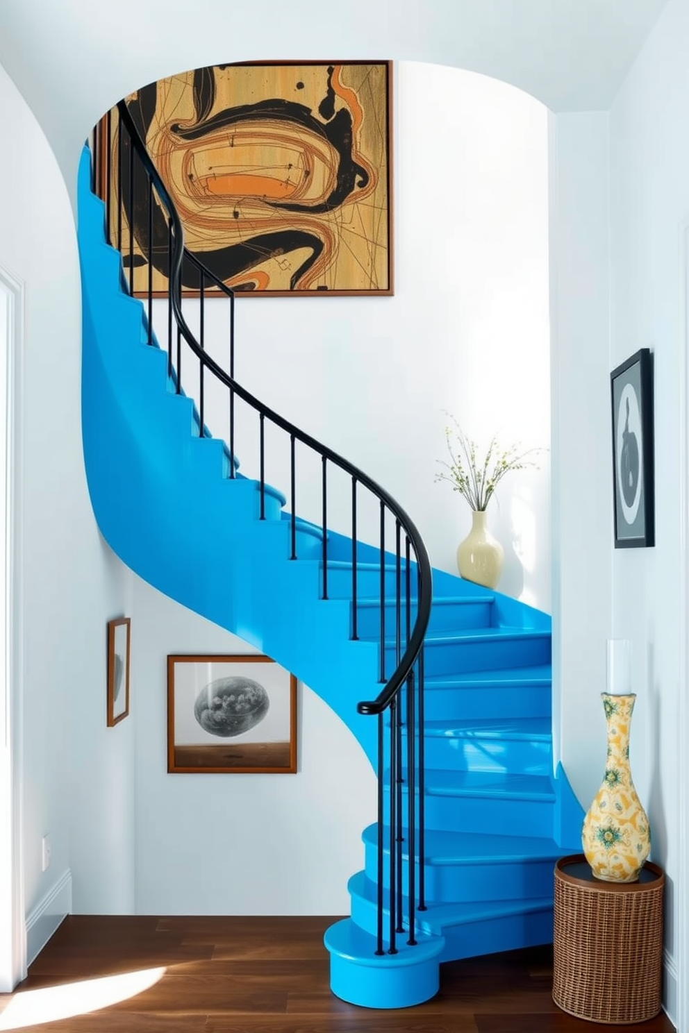 A bold azure staircase spirals elegantly upwards, adorned with contemporary artwork that complements the vibrant hue of the stairs. The surrounding walls are painted in a crisp white, allowing the staircase to be the focal point of the entryway.