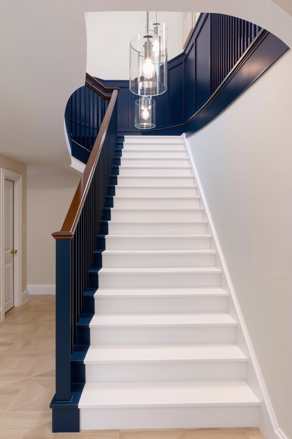 A stunning staircase featuring a turquoise painted railing that adds a vibrant pop of color against the neutral walls. The blue staircase is designed with sleek lines and modern finishes, creating an inviting and stylish focal point in the space.