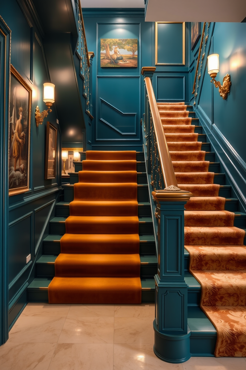 A stunning staircase design featuring a light blue gradient wall that creates a serene atmosphere. The wooden steps are elegantly crafted, providing a warm contrast to the cool tones of the wall. The staircase is illuminated by natural light streaming through a large window, enhancing the colors and textures. Decorative elements such as potted plants are placed along the steps to add a touch of greenery and life.