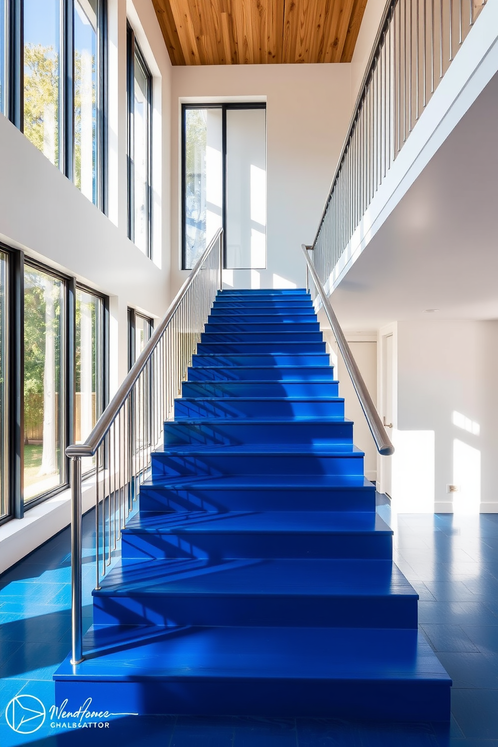 A striking staircase features bold cobalt blue treads that create a stunning contrast against the crisp white risers. The surrounding walls are painted in a soft gray, enhancing the vibrant color of the treads while providing a modern and elegant feel. Natural light floods the space through a large window, highlighting the rich texture of the wooden handrail. Potted greenery is placed at the base of the staircase, adding a touch of freshness and life to the design.