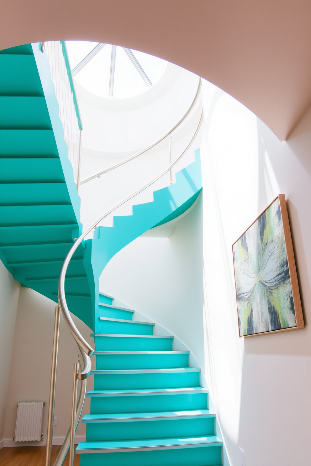 A deep blue velvet runner cascades down a sleek, modern staircase, adding a touch of luxury and warmth to the space. The staircase features a minimalist design with clean lines, complemented by polished wooden handrails that enhance the overall elegance. The deep blue color of the runner contrasts beautifully with the light-colored steps, creating a striking visual appeal. Soft lighting from above highlights the texture of the velvet, making the staircase a stunning focal point in the home.