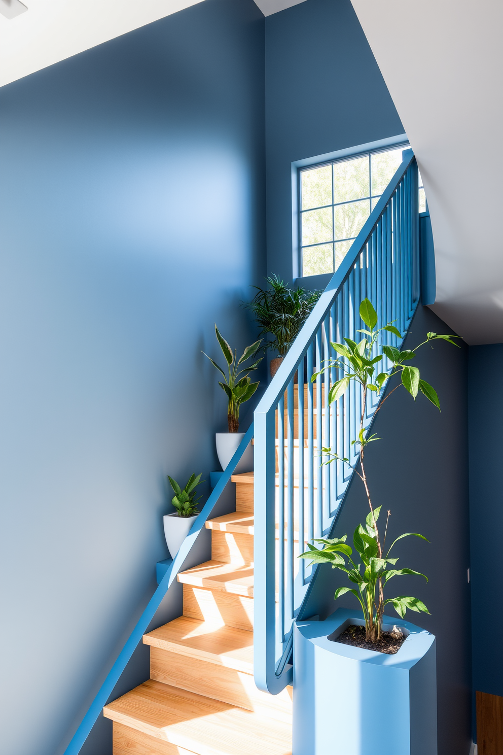 A modern staircase design featuring a sleek blue railing that complements the muted denim blue wall paint. The steps are crafted from light wood, adding warmth to the cool tones of the walls. Natural light floods the space through a large window at the landing, enhancing the serene color palette. Potted plants are strategically placed along the staircase to add a touch of greenery and vibrancy.