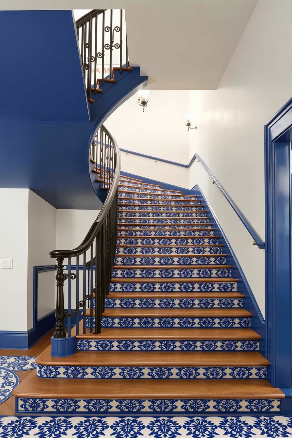 Cerulean blue walls create a vibrant backdrop for a stunning staircase made of natural wood. The stairs feature elegant risers and a sleek handrail, blending modern design with a warm, inviting feel.