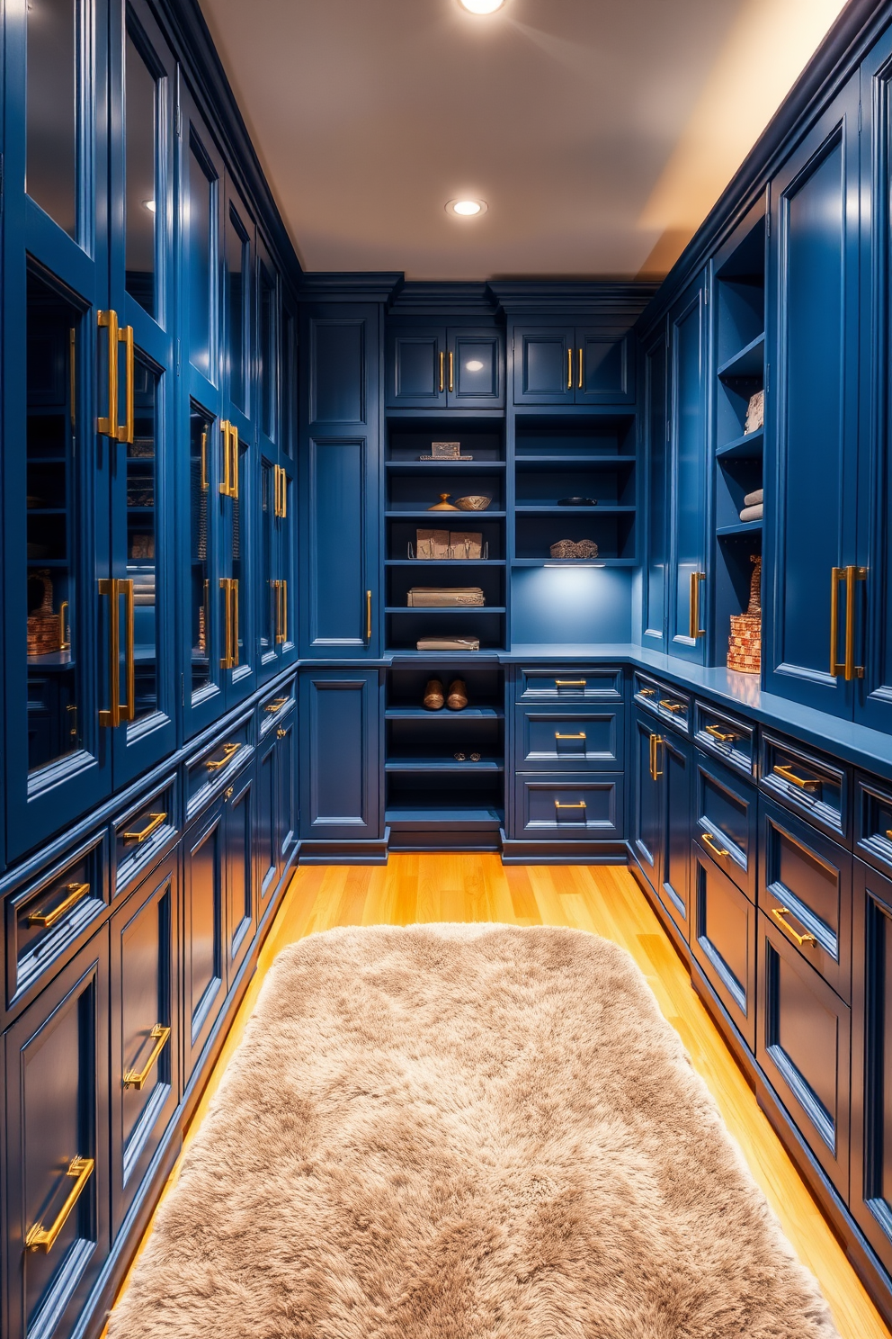 A luxurious walk-in closet featuring blue cabinetry with gold hardware accents. The cabinets are thoughtfully designed with ample storage space, including shelves and drawers for accessories. Soft lighting illuminates the space, enhancing the rich blue tones of the cabinetry. A plush area rug adds warmth underfoot, complementing the elegant design.