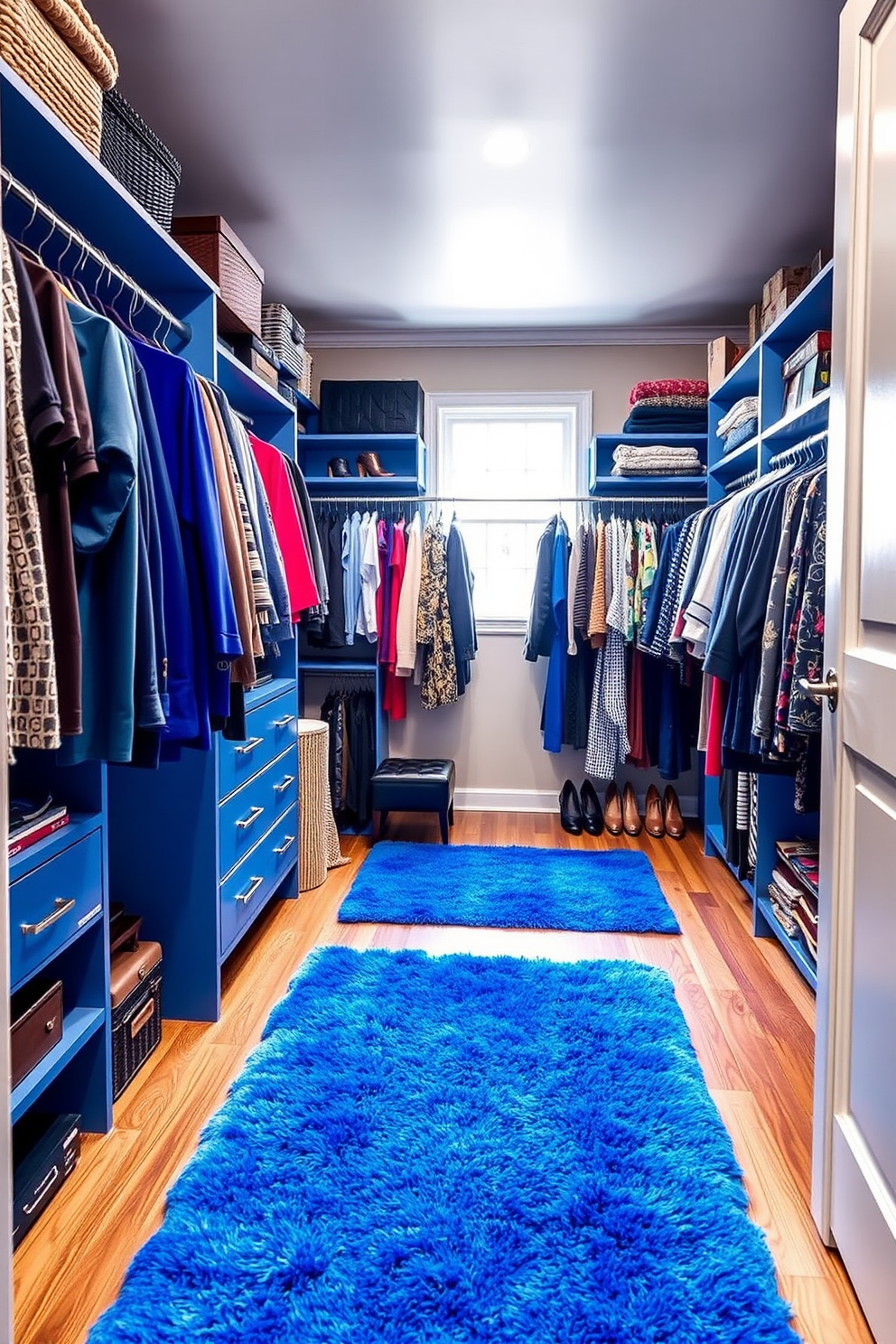 A spacious walk-in closet featuring bright blue rugs that add warmth and vibrancy to the space. The closet is designed with custom shelving and hanging areas, showcasing an organized display of clothing and accessories.