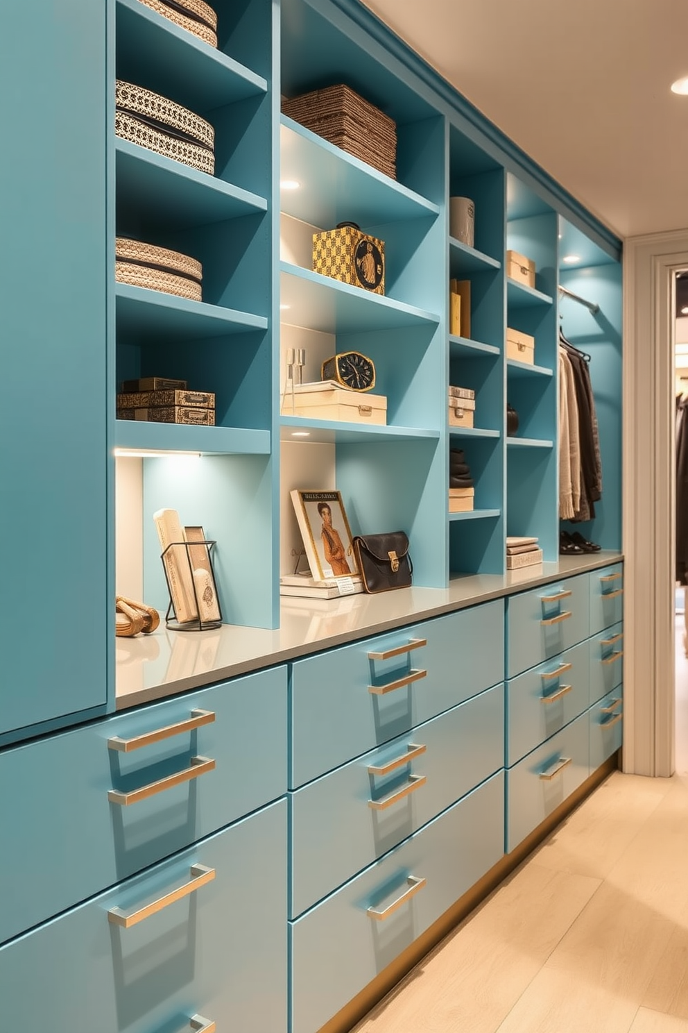 A stunning walk-in closet featuring aqua blue drawers with sleek handles that provide a modern touch. The space is illuminated by soft lighting, highlighting the organized shelves and stylish accessories displayed throughout.