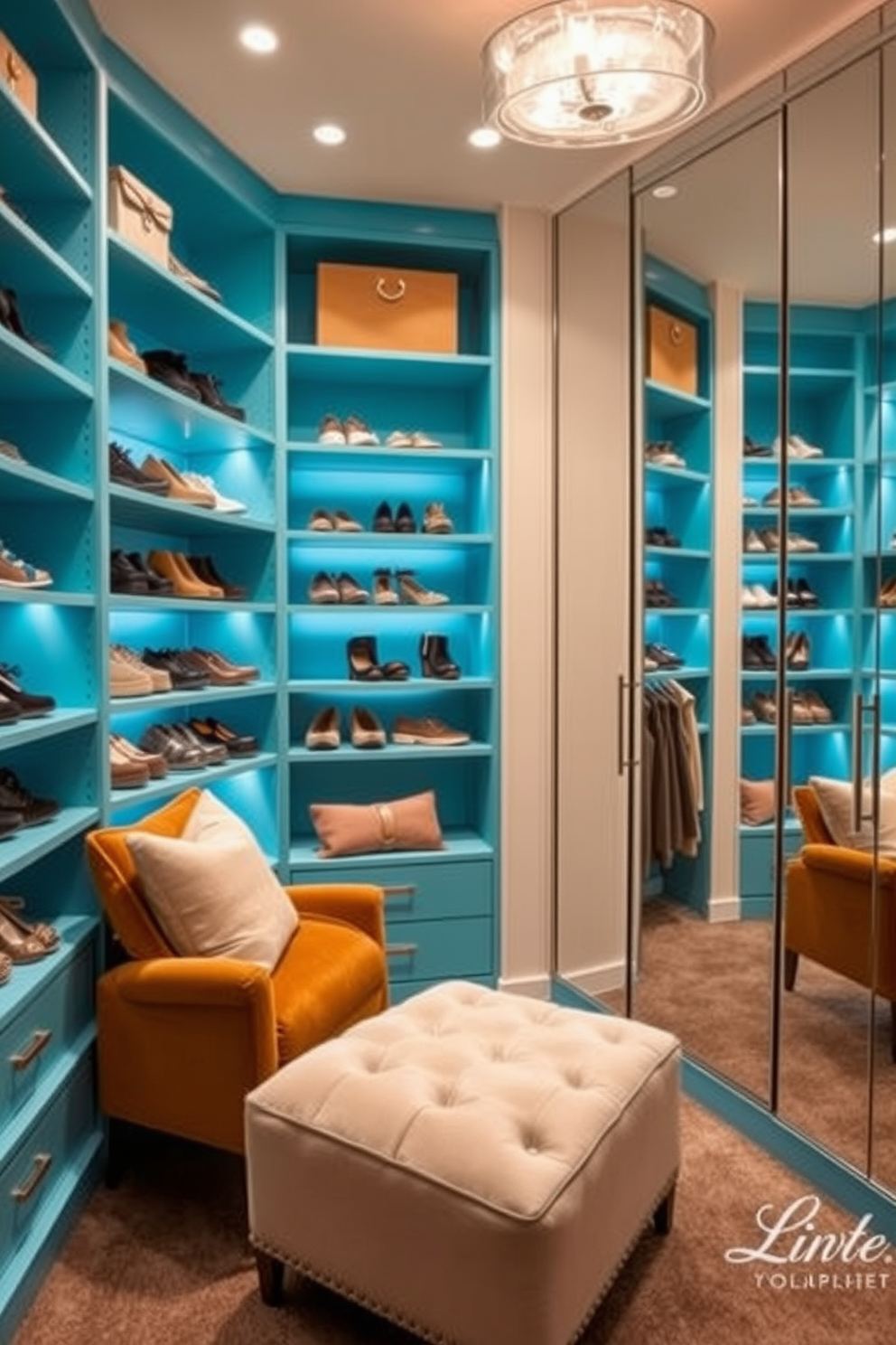 A chic walk-in closet featuring cerulean blue shelving that elegantly displays shoes and accessories. Soft lighting illuminates the space, highlighting the organized arrangement of items and creating a serene atmosphere. The closet includes a plush seating area with a small ottoman for comfort and convenience. Mirrors line one wall, enhancing the sense of space and reflecting the stylish decor throughout the room.