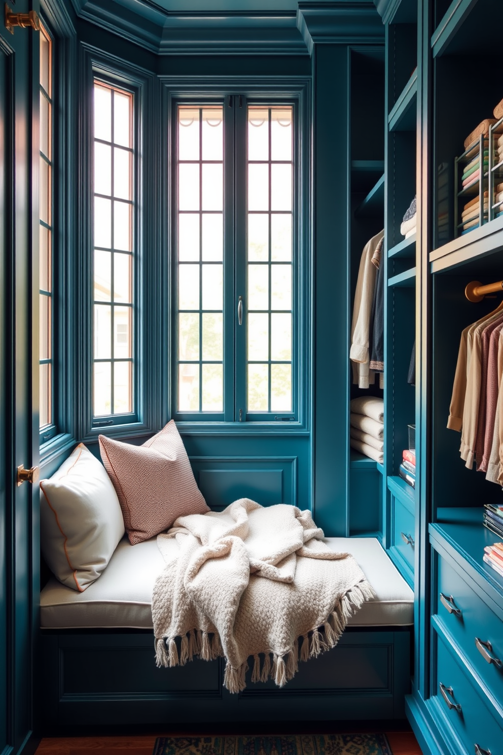 Teal built-in seating area for relaxation. The seating features plush cushions and a cozy throw blanket, surrounded by large windows that let in natural light. Blue walk-in-closet design ideas. The closet includes custom shelving and hanging space, with accent lighting that highlights the organized storage solutions.