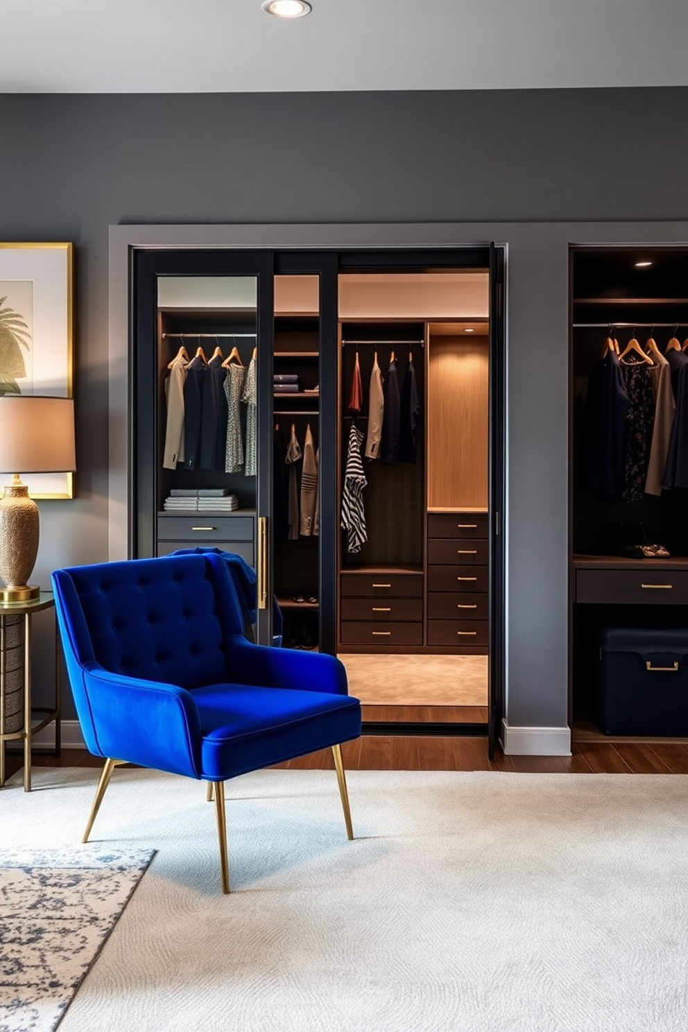 A royal blue accent chair is elegantly placed in the corner of a spacious living room. The chair features gold legs and plush upholstery, complementing a modern decor style. The walk-in closet is designed with custom shelving and hanging spaces, showcasing a blend of luxury and functionality. Soft lighting illuminates the space, highlighting the rich textures of the clothing and accessories displayed.