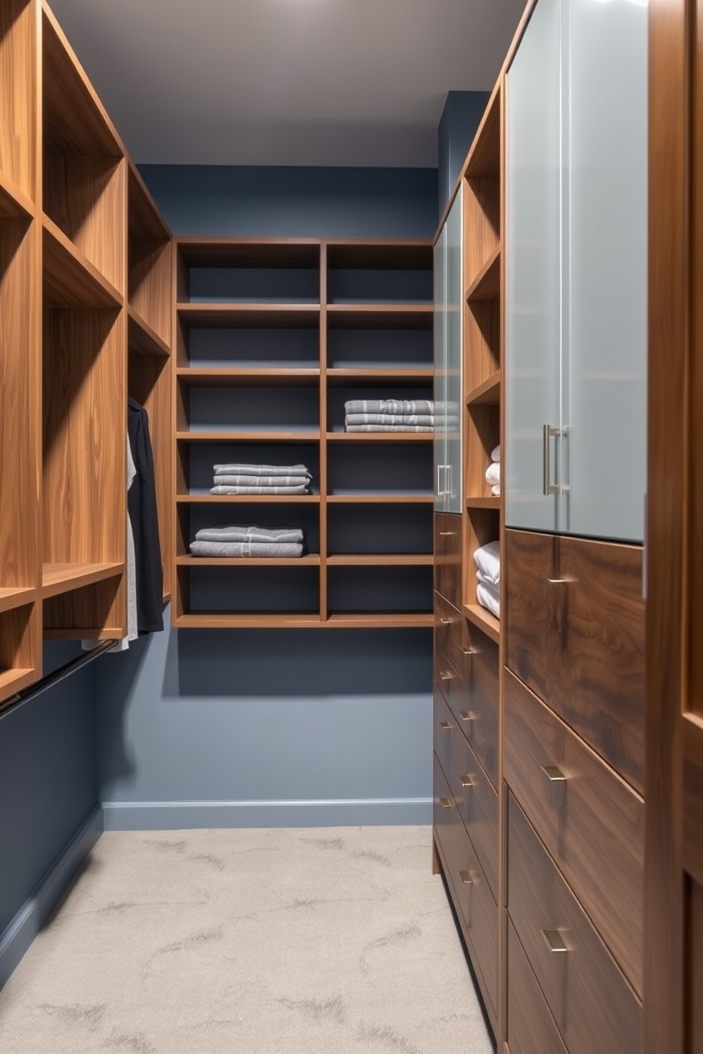 A serene walk-in closet featuring muted blue tones complemented by natural wood accents. The walls are painted a soft blue, while the shelving and cabinetry showcase rich wooden finishes, creating a harmonious and inviting atmosphere.