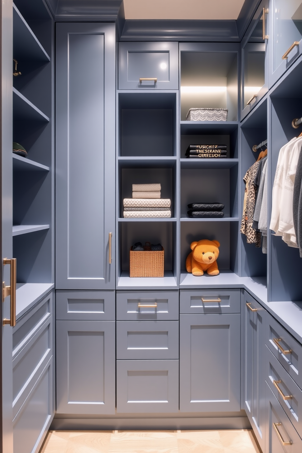 A luxurious walk-in closet featuring a blue and silver color scheme. The walls are painted in a soft blue hue, complemented by silver accents in the lighting fixtures and hardware. Spacious shelves line the walls, showcasing an array of neatly organized shoes and accessories. A plush silver ottoman sits in the center, providing a comfortable spot for dressing and selecting outfits.