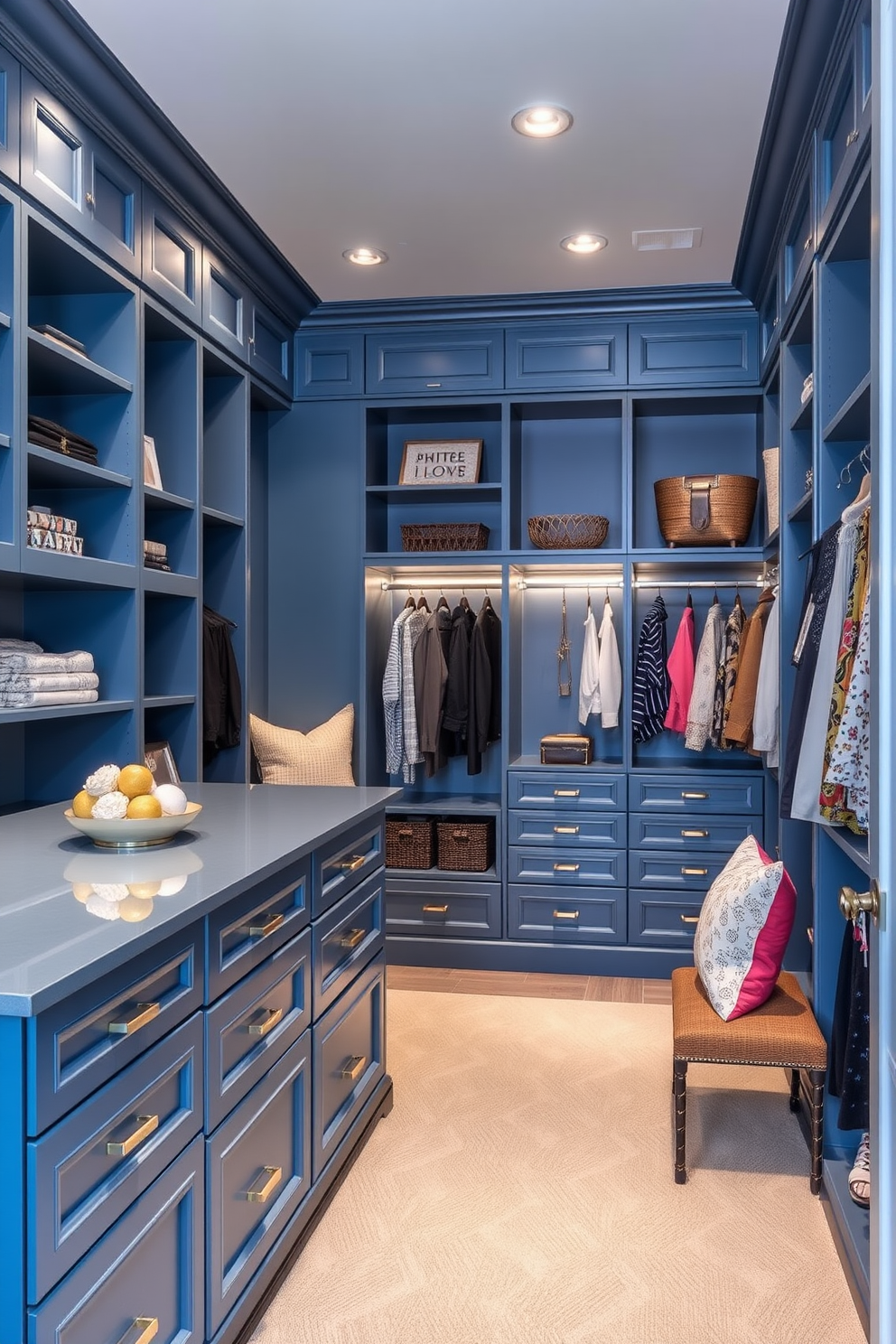 Ocean blue closet island for practicality. This design features ample storage space with drawers and shelves, making organization effortless. The walk-in closet is adorned with soft lighting and elegant finishes. It includes a seating area for comfort and showcases stylish accessories and clothing displays.