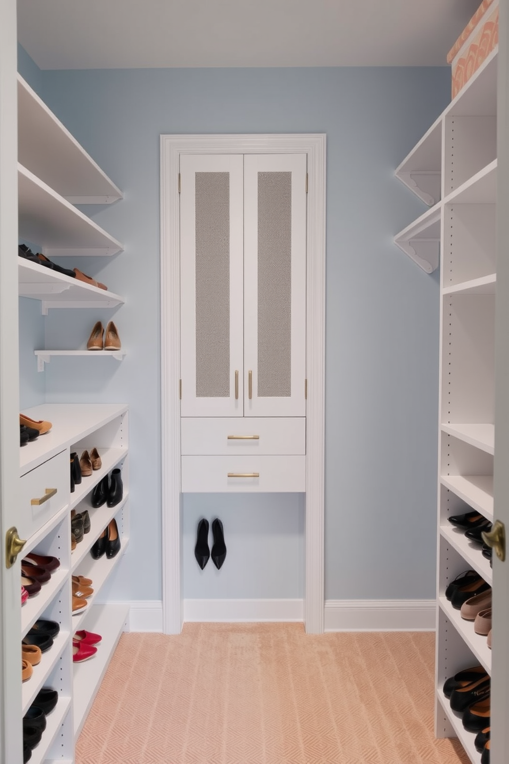 A serene walk-in closet featuring light blue walls that create a calming atmosphere. White shelving lines the walls, providing ample storage for shoes and accessories while maintaining an airy feel.