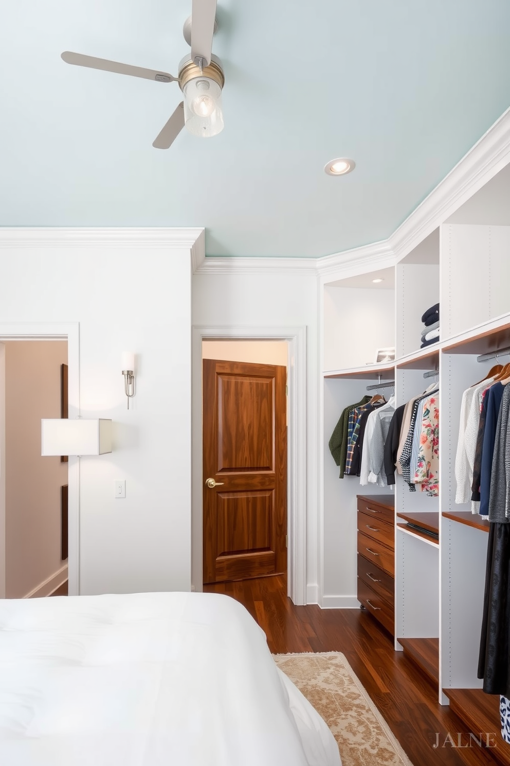 A beautifully organized walk-in closet featuring blue baskets as stylish storage solutions. The baskets are neatly arranged on shelves, creating a cohesive and vibrant look while providing ample space for accessories and clothing. The closet design includes ample hanging space with elegant lighting that highlights the blue accents. Soft, neutral tones on the walls complement the blue baskets, creating a serene and inviting atmosphere.