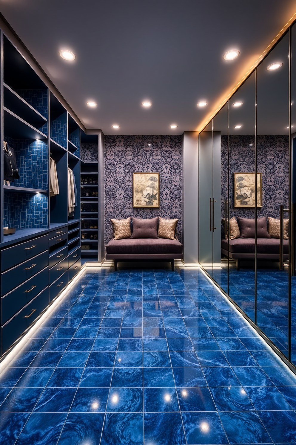 A beautifully designed walk-in closet features two-tone cabinetry with light and dark blue hues creating a striking contrast. The cabinetry is complemented by elegant brass hardware and soft ambient lighting that enhances the overall aesthetic.