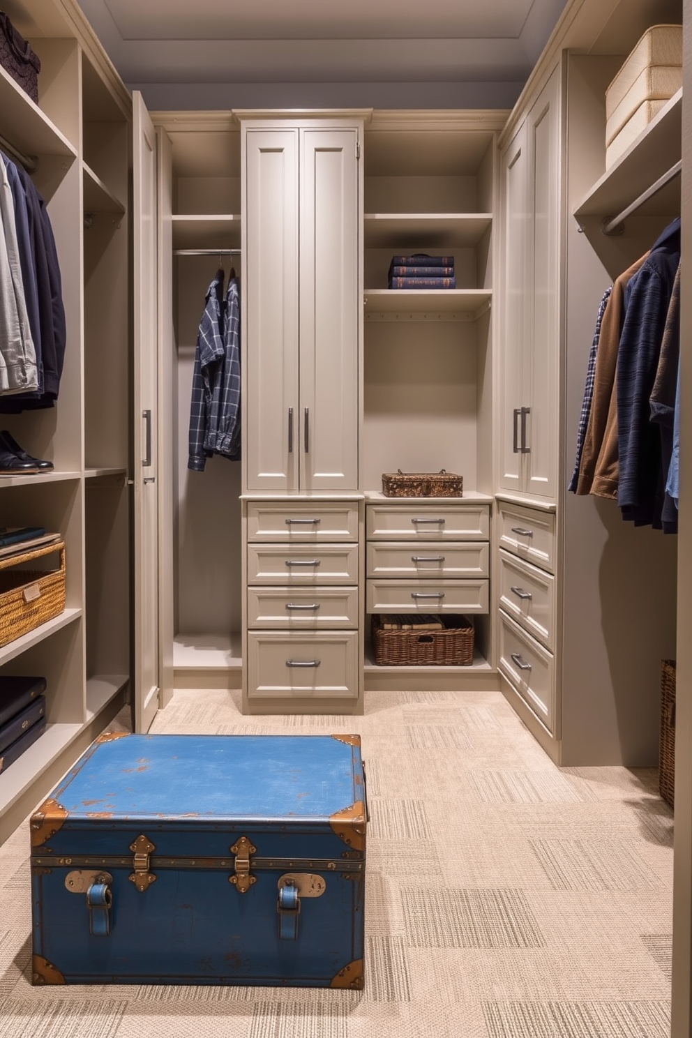 A vintage blue trunk sits at the foot of a beautifully designed walk-in closet providing ample storage space. The closet features custom shelving and hanging options with soft lighting that highlights the rich blue tones of the trunk.