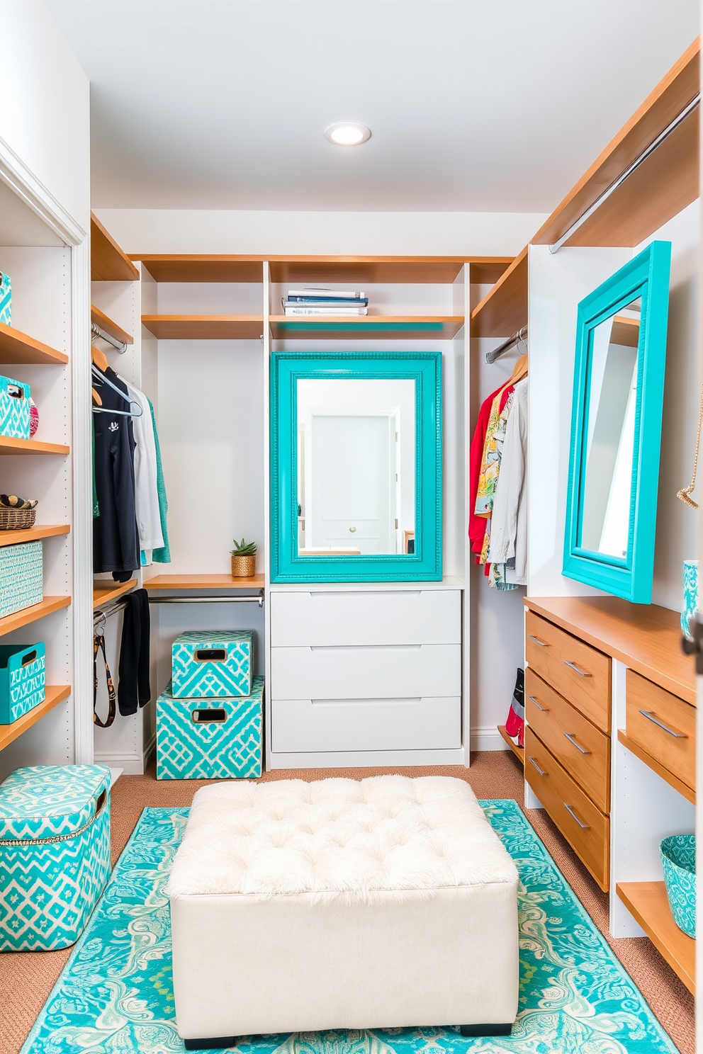 A bright and airy walk-in closet featuring walls painted in a soft white hue. The space is enhanced by vibrant turquoise accent pieces, including a plush ottoman and decorative storage boxes. The closet is organized with sleek wooden shelving and hanging rods, providing ample space for clothing and accessories. A large mirror with a turquoise frame adds a playful touch while reflecting the light throughout the room.