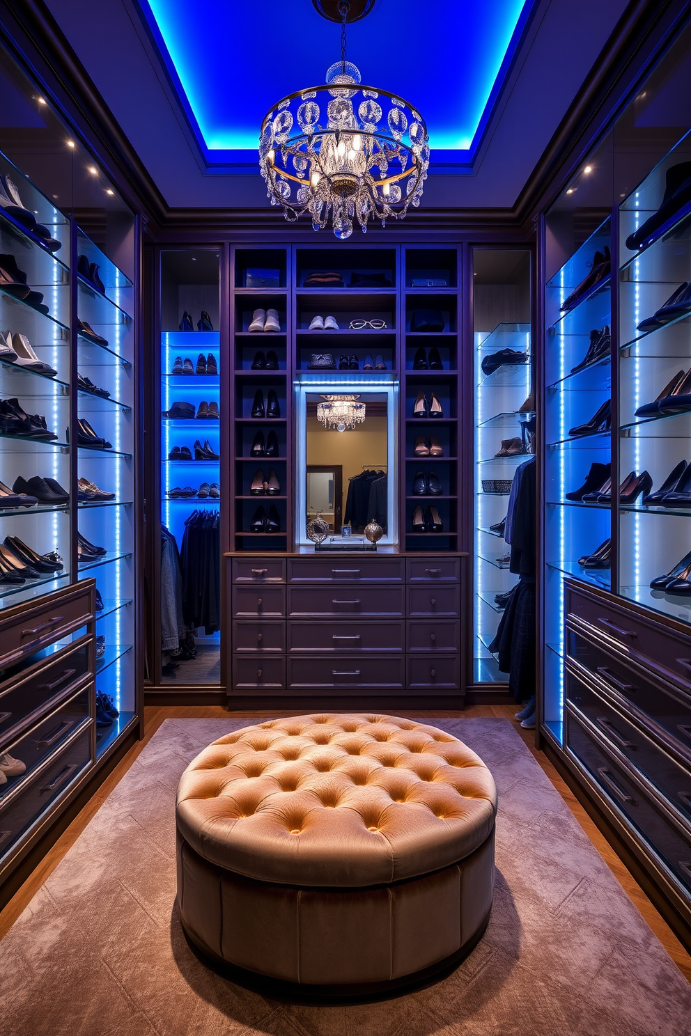 A luxurious walk-in closet featuring sapphire blue lighting that creates a dramatic and inviting atmosphere. The space is adorned with elegant shelving for shoes and accessories, complemented by a plush ottoman in the center for comfort and style.